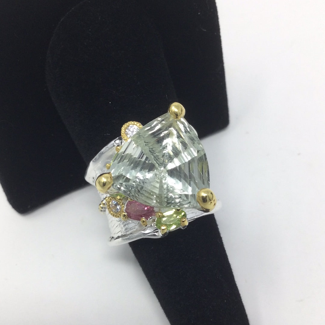 AAA+ Trillion Cut Green Amethyst Ring