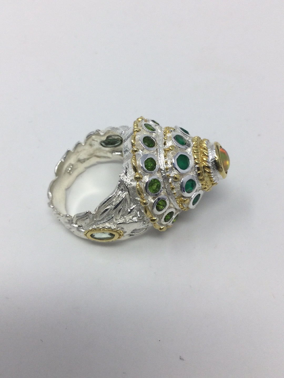Voluptuous Genuine Fiery Opal, Russian Chrome Diopside Bejeweled Dome Ring