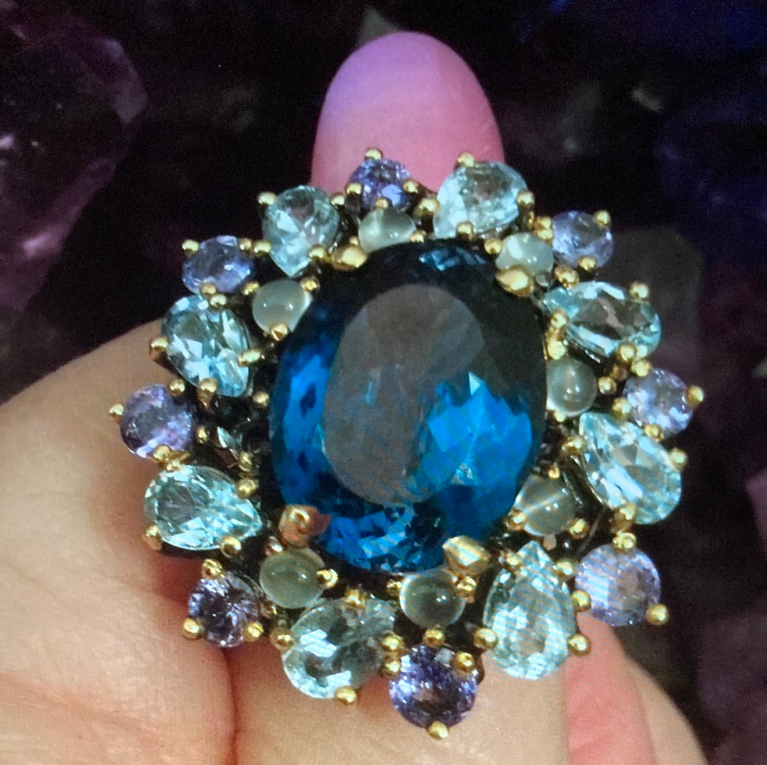 Genuine London Blue Topaz with Aquamarines & Tanzanite