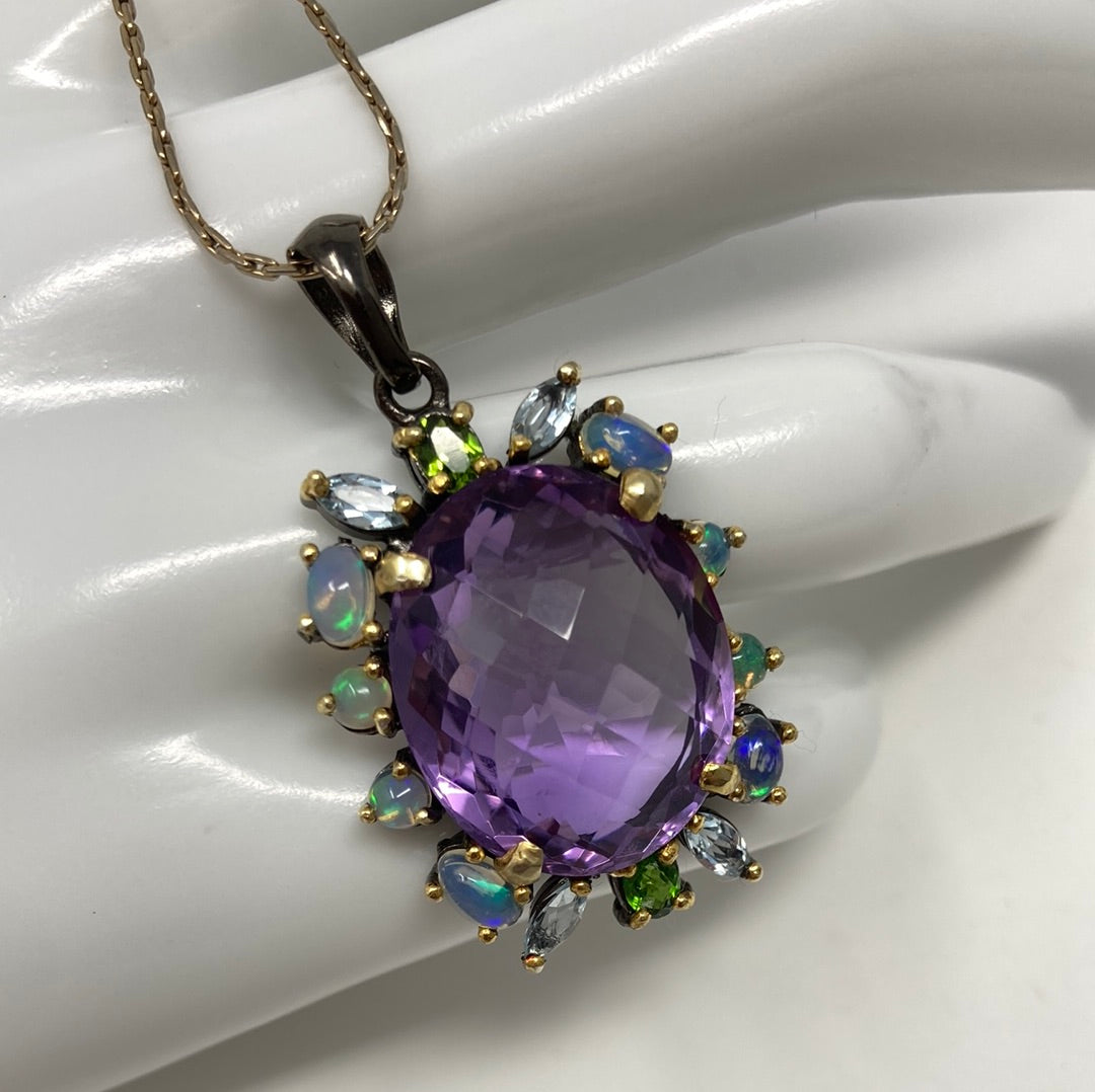 Rare Checkerboard Faceting Genuine Amethyst & Opal Pendant