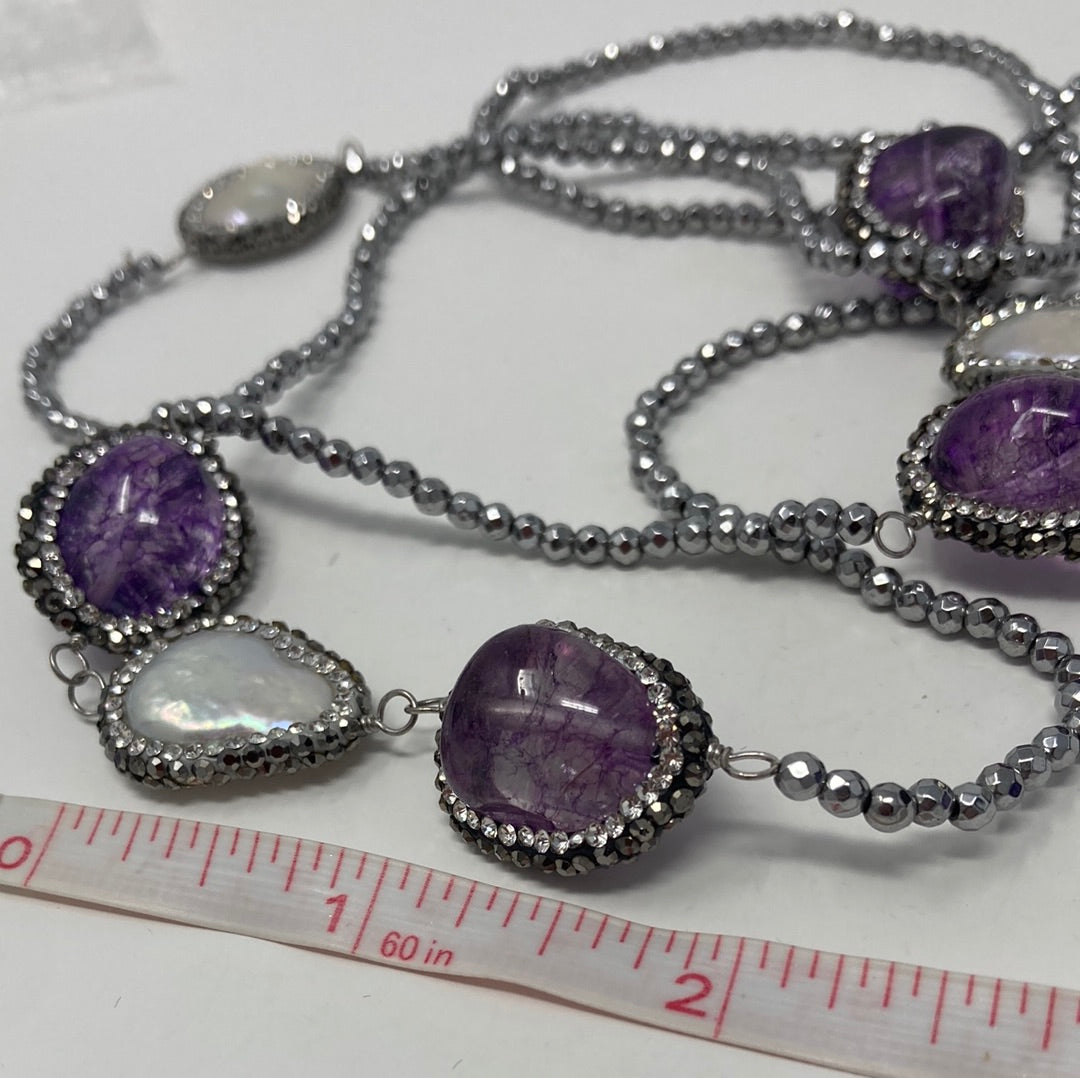 Genuine Amethysts & Baroque Pearls Necklace