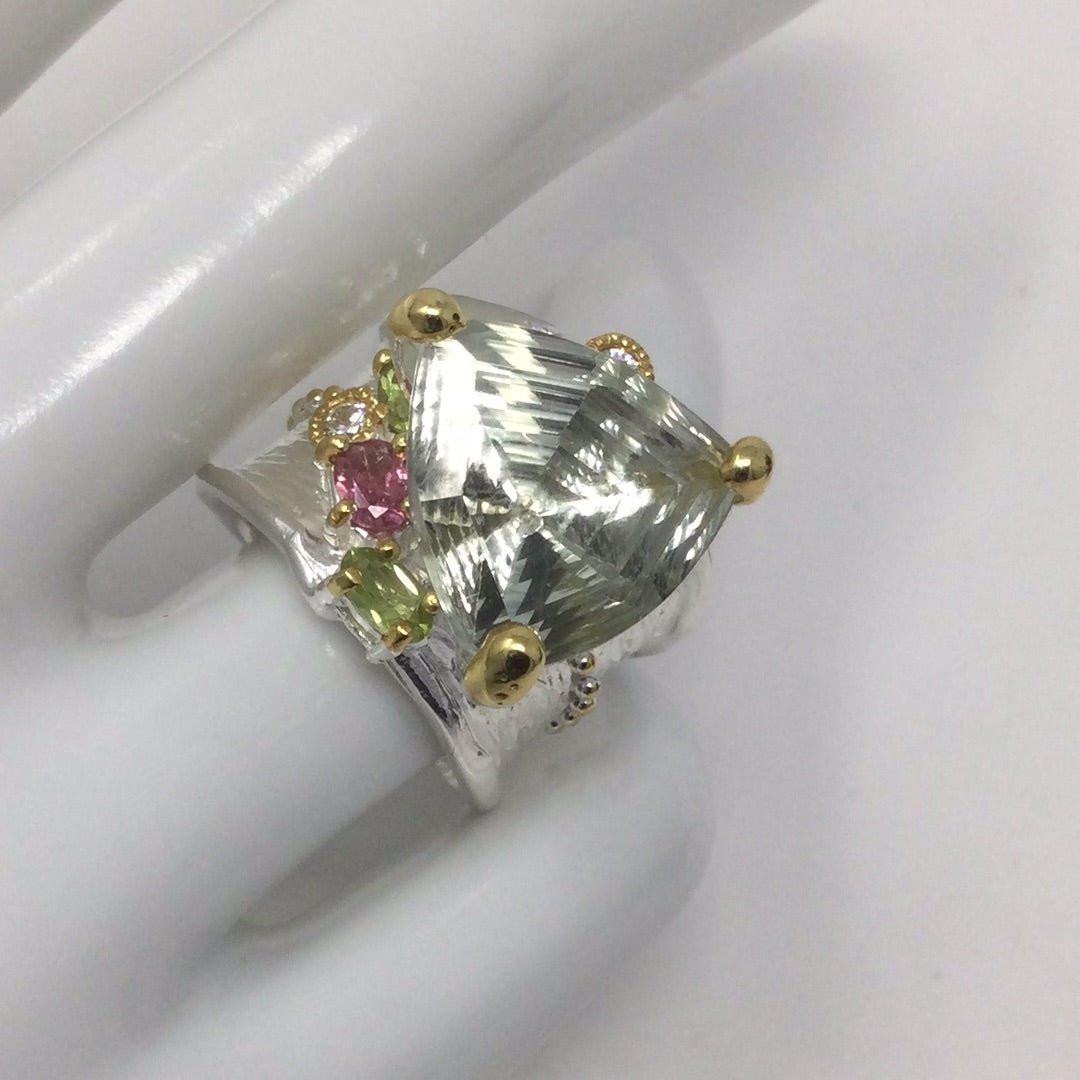 AAA+ Trillion Cut Green Amethyst Ring