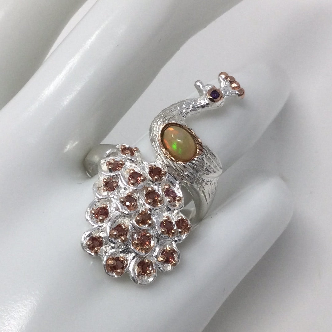 Endearing Genuine Opal & Garnet Peacock Ring