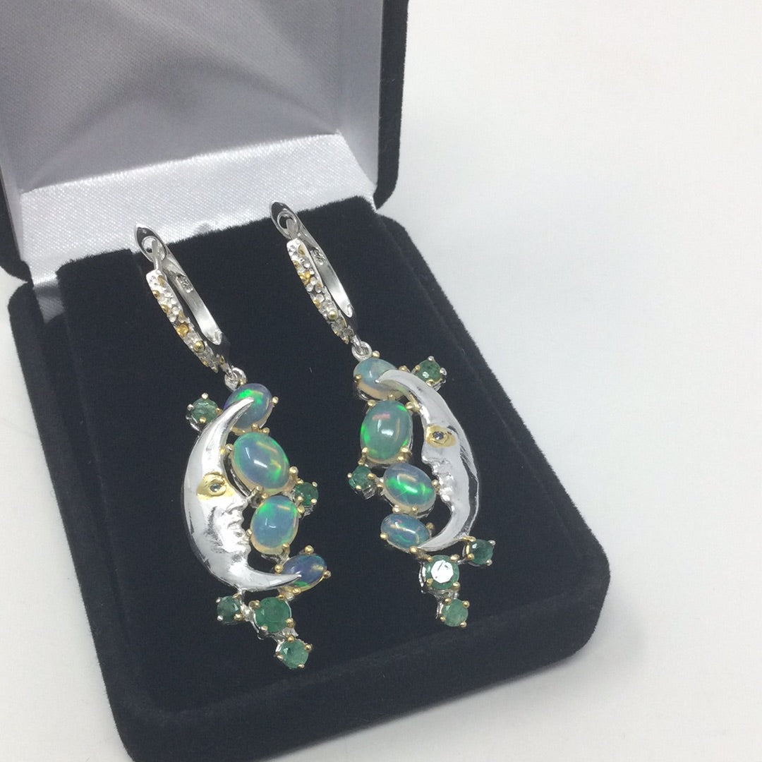 Man In The Moon, Genuine Opals & Emerald Earrings