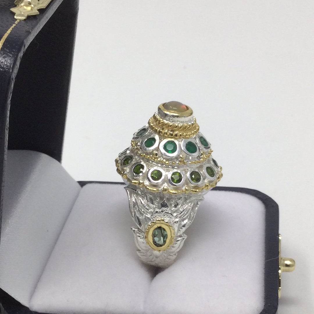 Voluptuous Genuine Fiery Opal, Russian Chrome Diopside Bejeweled Dome Ring