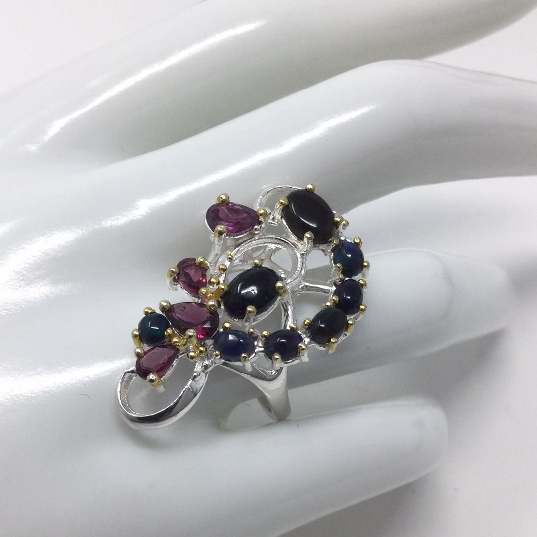 Bejeweled Black Opals & Garnet Ring