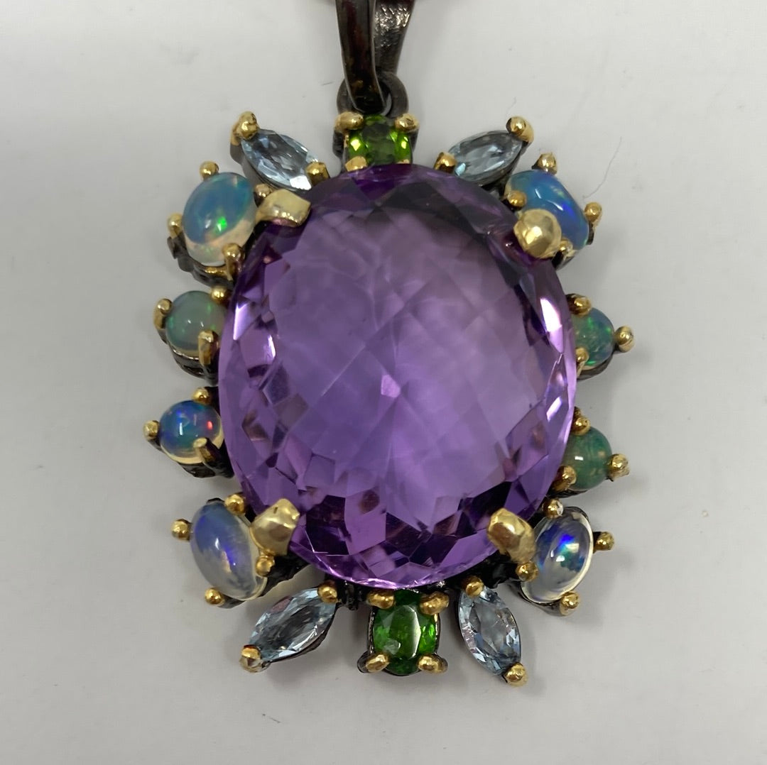 Rare Checkerboard Faceting Genuine Amethyst & Opal Pendant