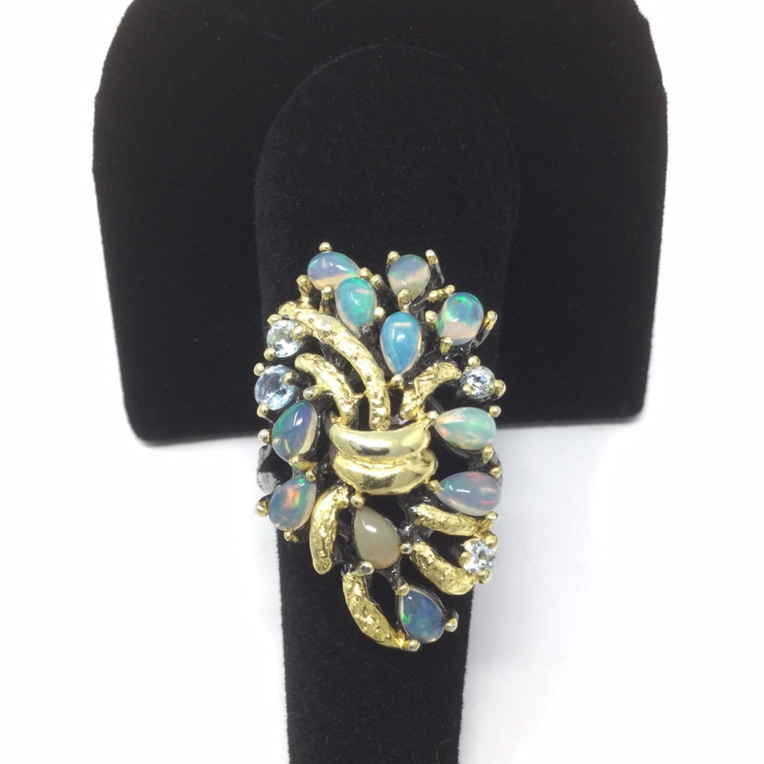 Bouquet Of Genuine Opals & Topaz Ring
