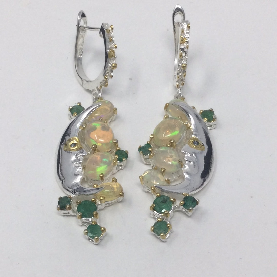 Man In The Moon, Genuine Opals & Emerald Earrings