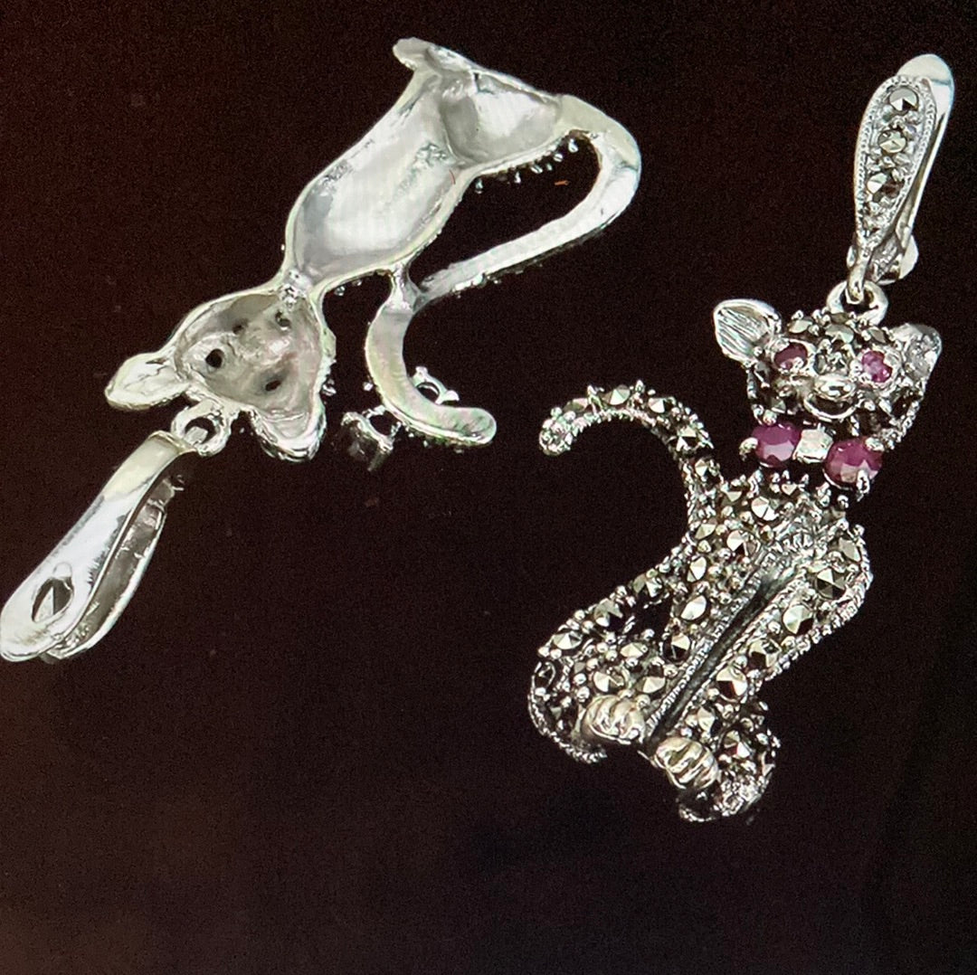 Unique Cat Earrings with Genuine Rubies