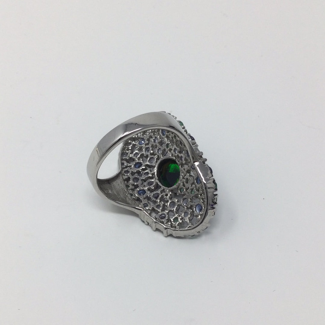 Rare Genuine Black Opal, Tanzanite & Emerald Ring