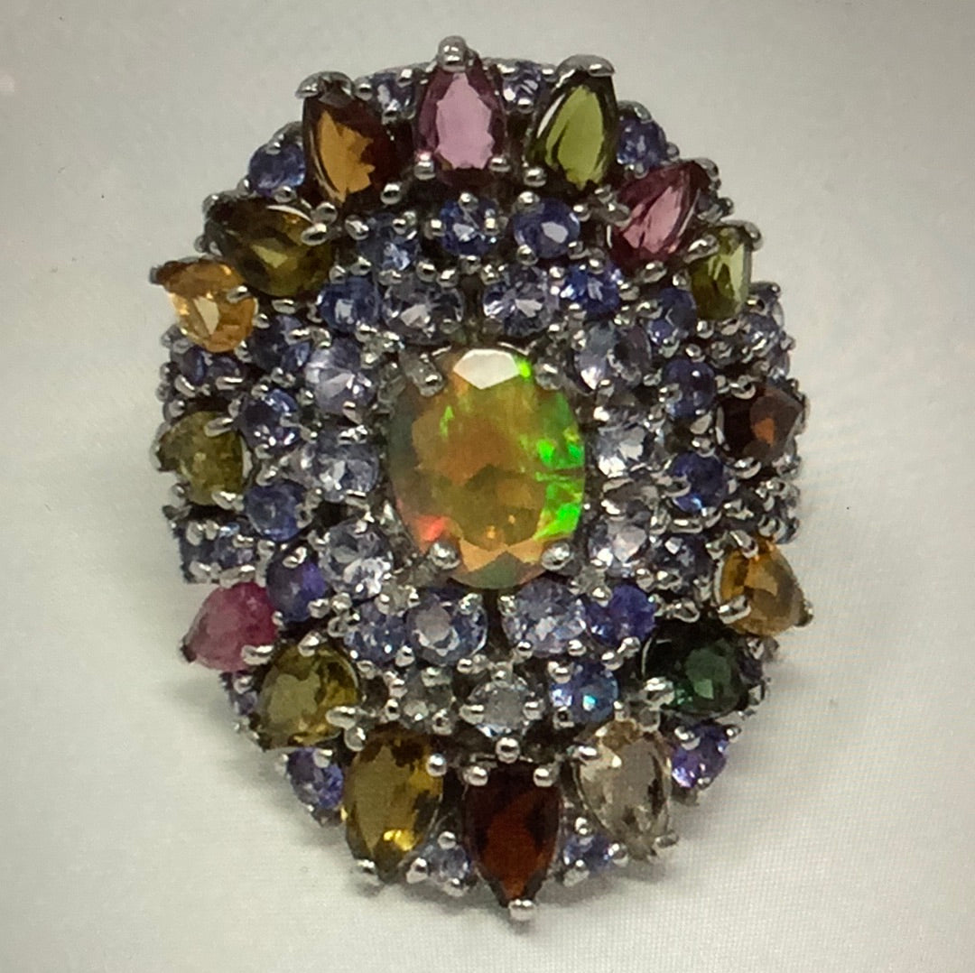 Genuine Faceted Fiery Natural Opal with Tanzanite & Tourmalines Ring