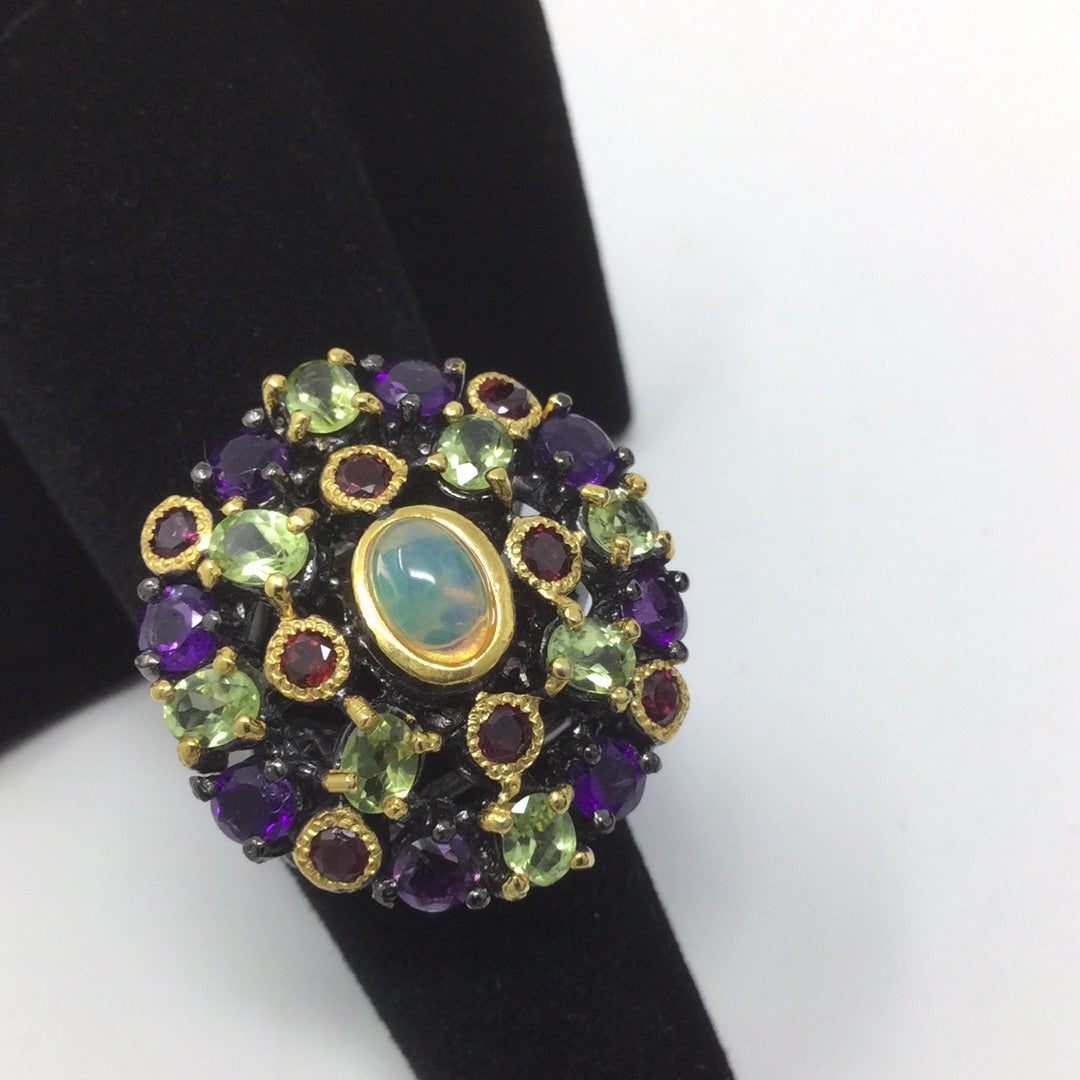Genuine Fiery Opal, Amethysts, Garnets & Peridot Ring