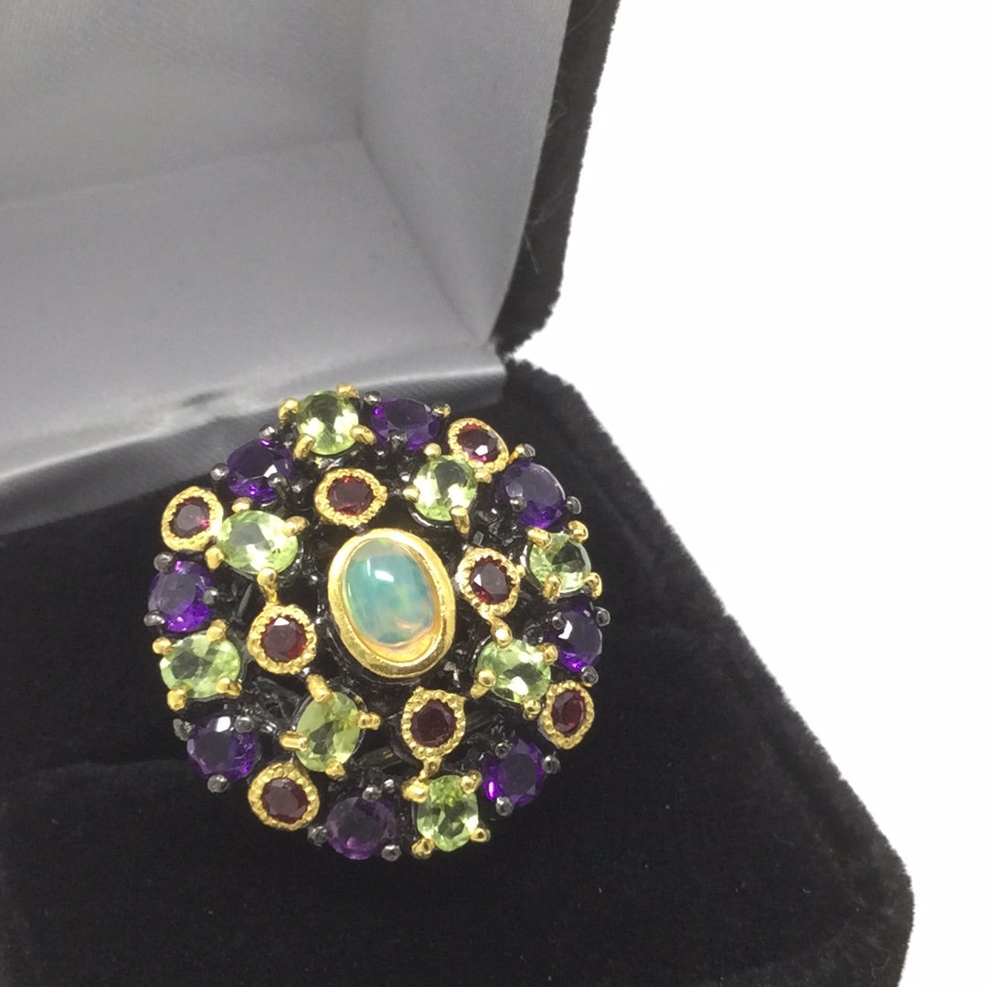 Genuine Fiery Opal, Amethysts, Garnets & Peridot Ring