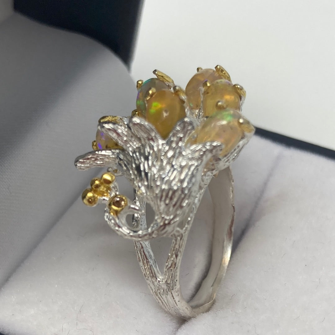 Precious Genuine Opal Peacock Ring