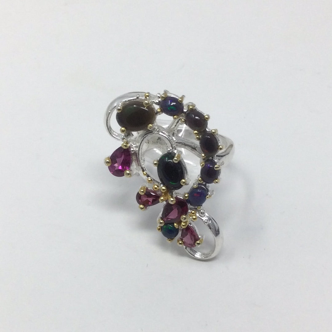 Bejeweled Black Opals & Garnet Ring