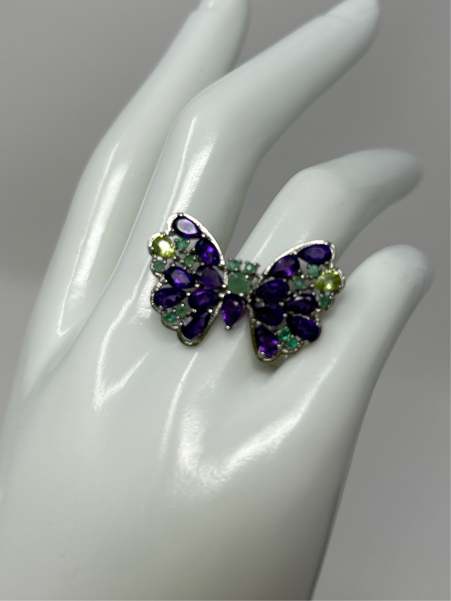 Genuine Amethyst & Emerald Butterfly Ring