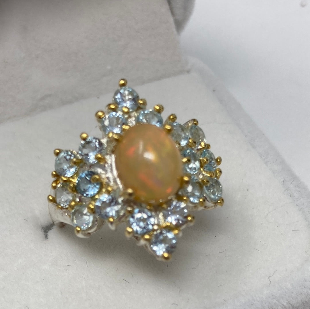 Genuine Natural Fiery Opal & Aquamarine Ring