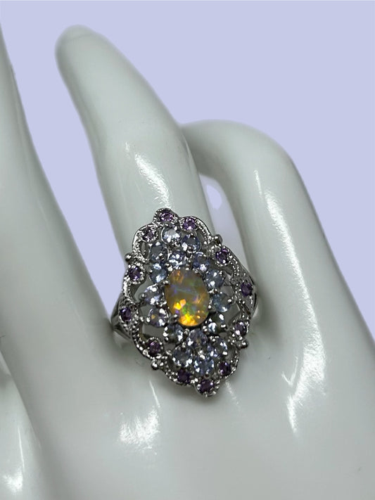 Genuine Natural, Fiery Faceted Opal & Tanzanite Ring