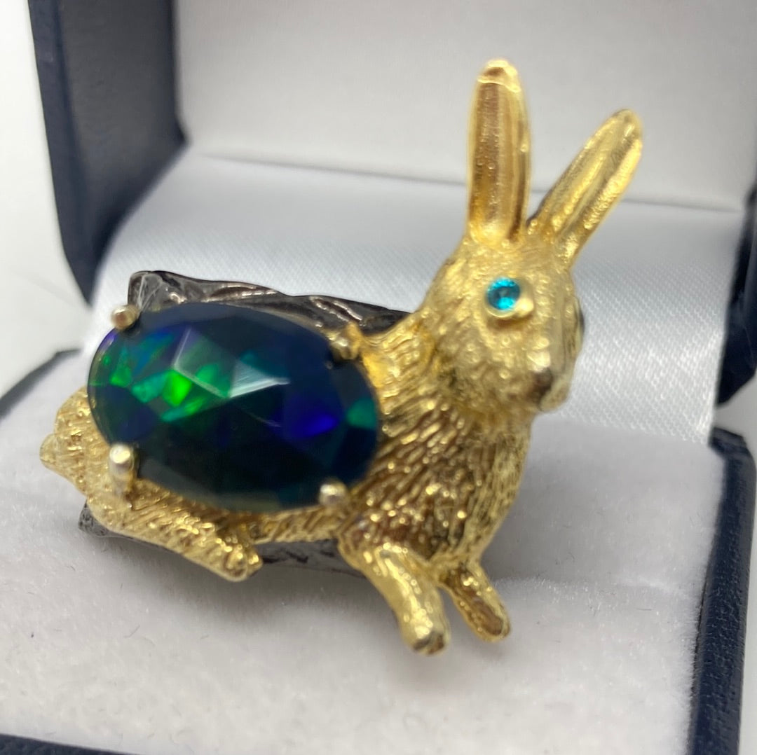 Remarkable Genuine Faceted Black Opal Bunny Ring