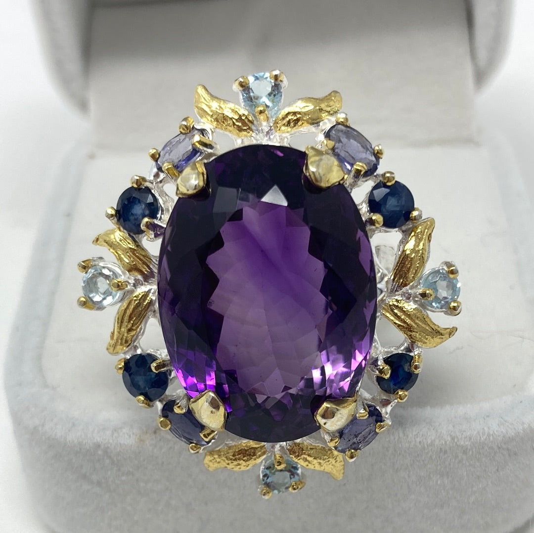 Unbelievable 32 CTW Genuine Amethyst with Sapphires, Iolite & Topaz Ring