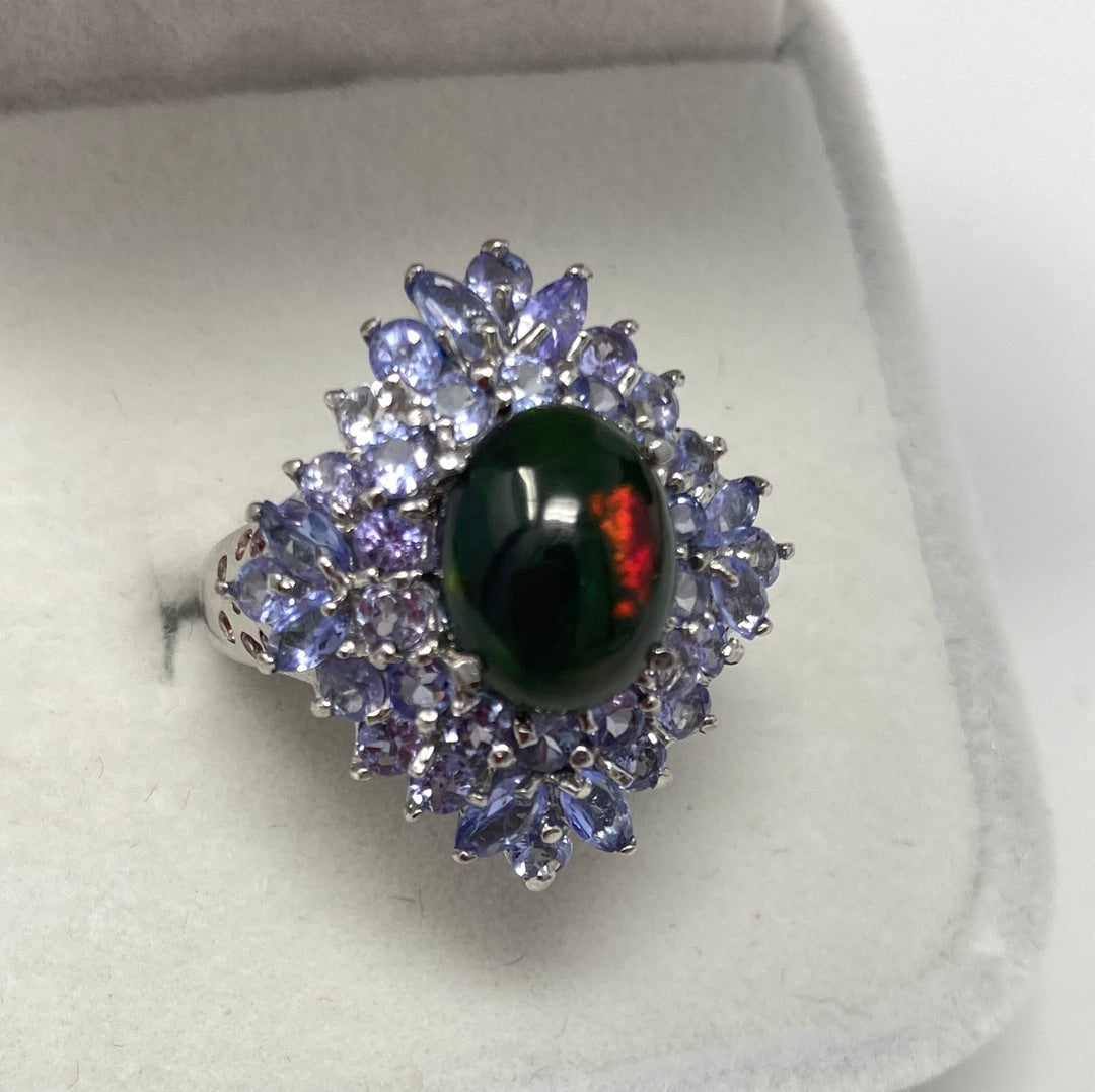 OO LA LA Genuine Black Opal, Sapphire & Tanzanite Ring