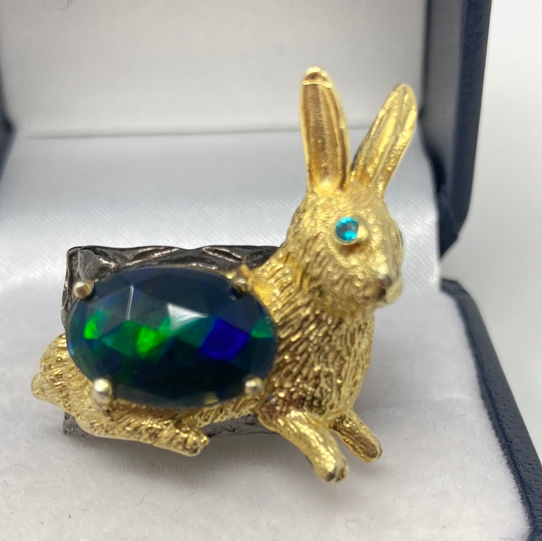 Remarkable Genuine Faceted Black Opal Bunny Ring