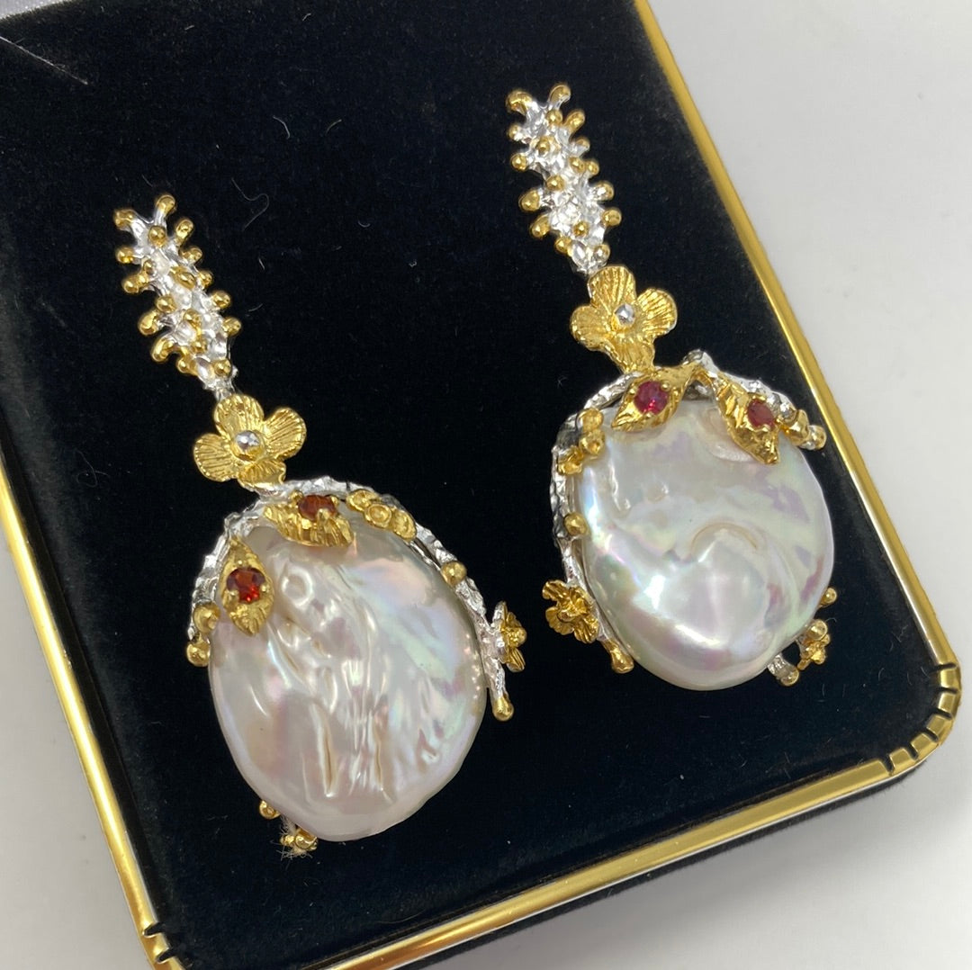 Genuine Baroque Pearl Earrings accented with Garnets