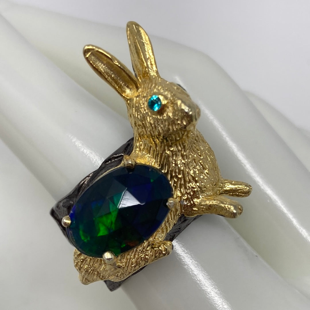 Remarkable Genuine Faceted Black Opal Bunny Ring