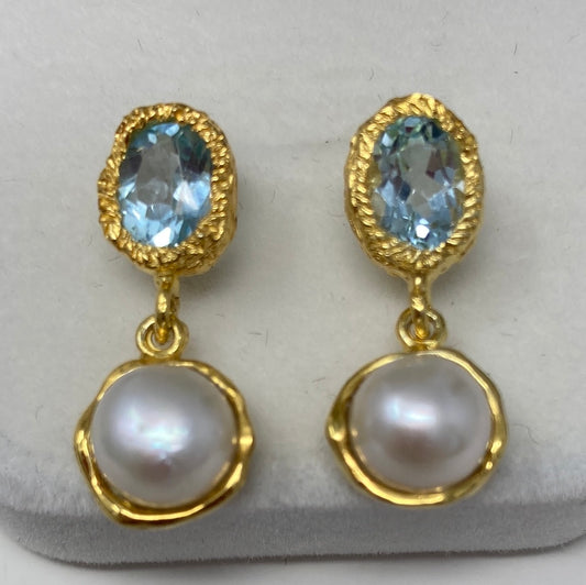 Genuine Pearl & Blue Topaz Earrings