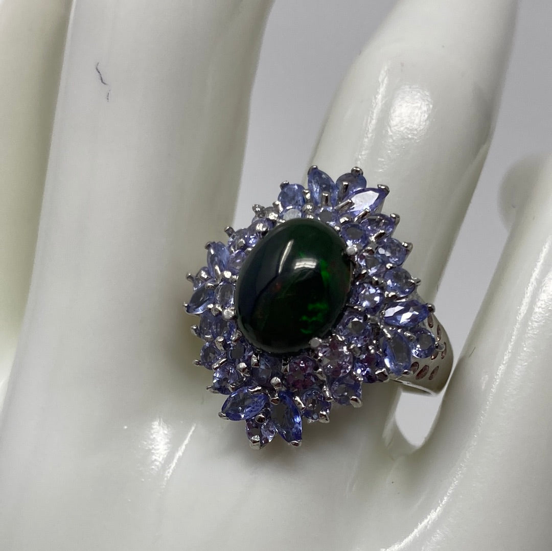 OO LA LA Genuine Black Opal, Sapphire & Tanzanite Ring