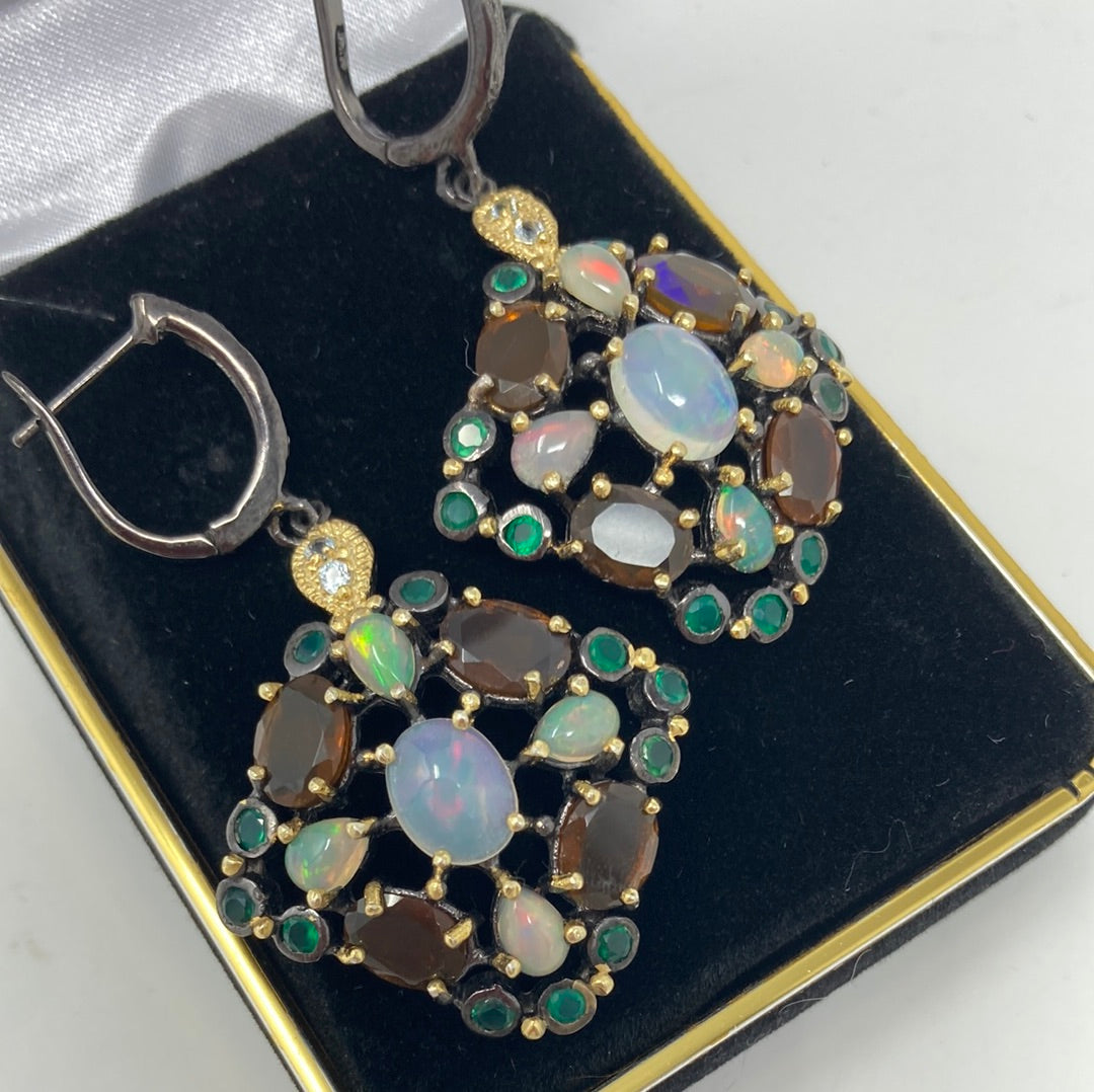 Fascinating Genuine Opal, Topaz & Onyx Earrings