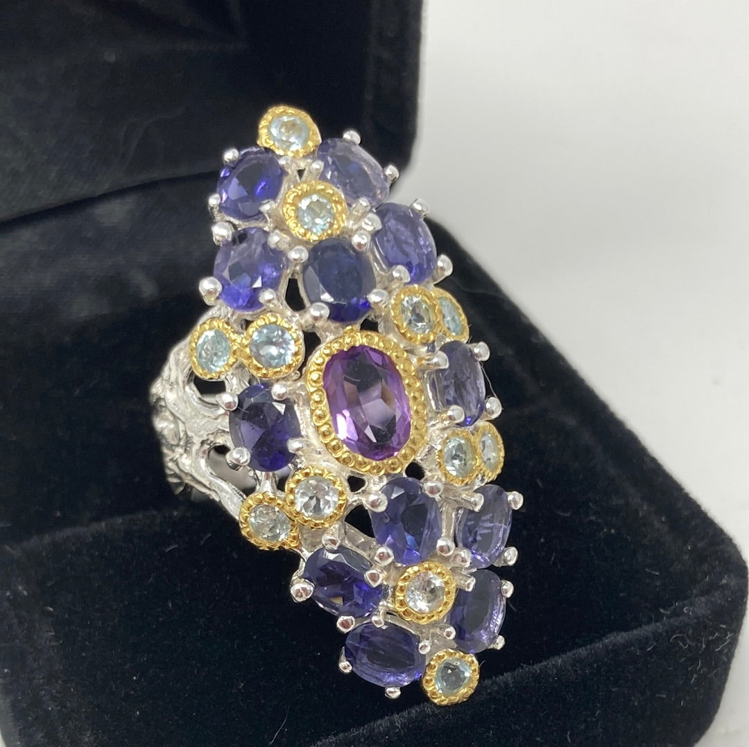 Queen of Sheba, Genuine Iolites, Amethyst & Topaz Ring