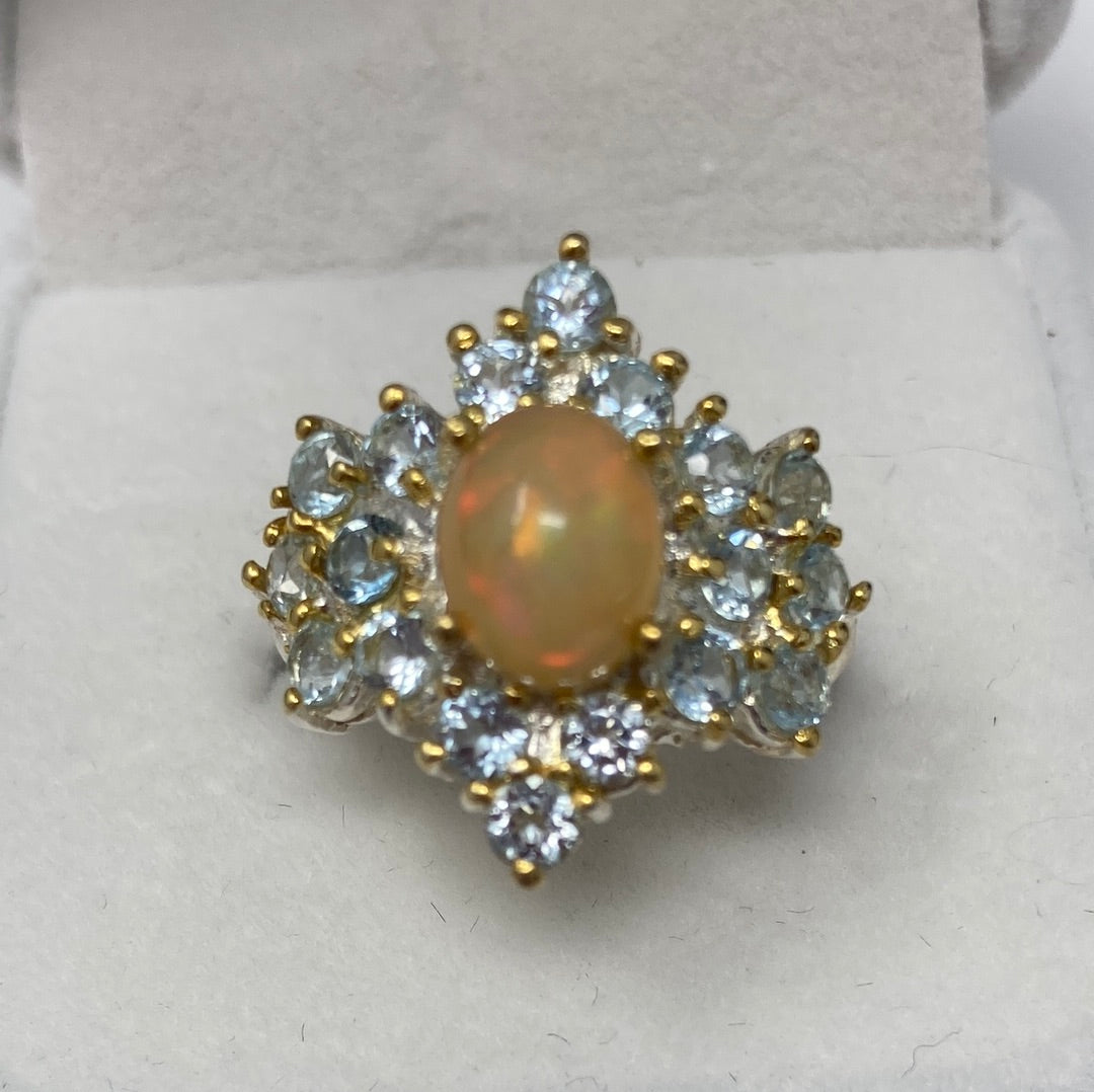 Genuine Natural Fiery Opal & Aquamarine Ring