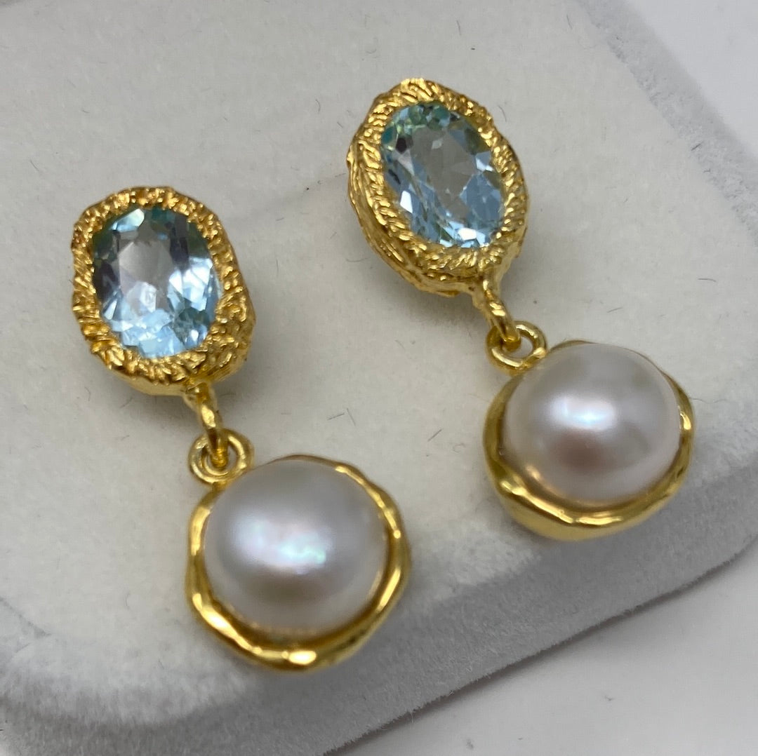 Genuine Pearl & Blue Topaz Earrings