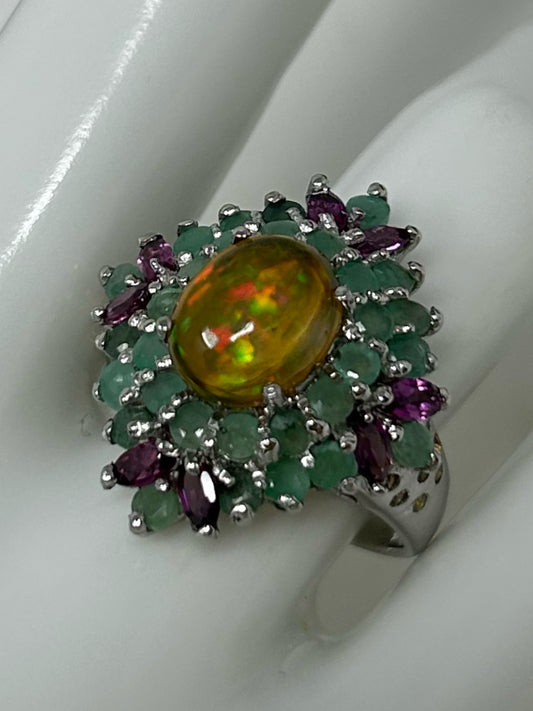 Genuine Fiery Opal with Emeralds Very High End Elegance