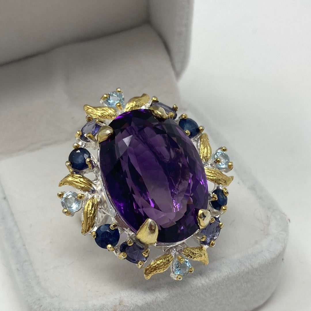 Unbelievable 32 CTW Genuine Amethyst with Sapphires, Iolite & Topaz Ring