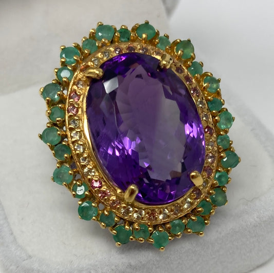 Sensational Genuine 24.6 CTW Amethyst & Emerald Ring