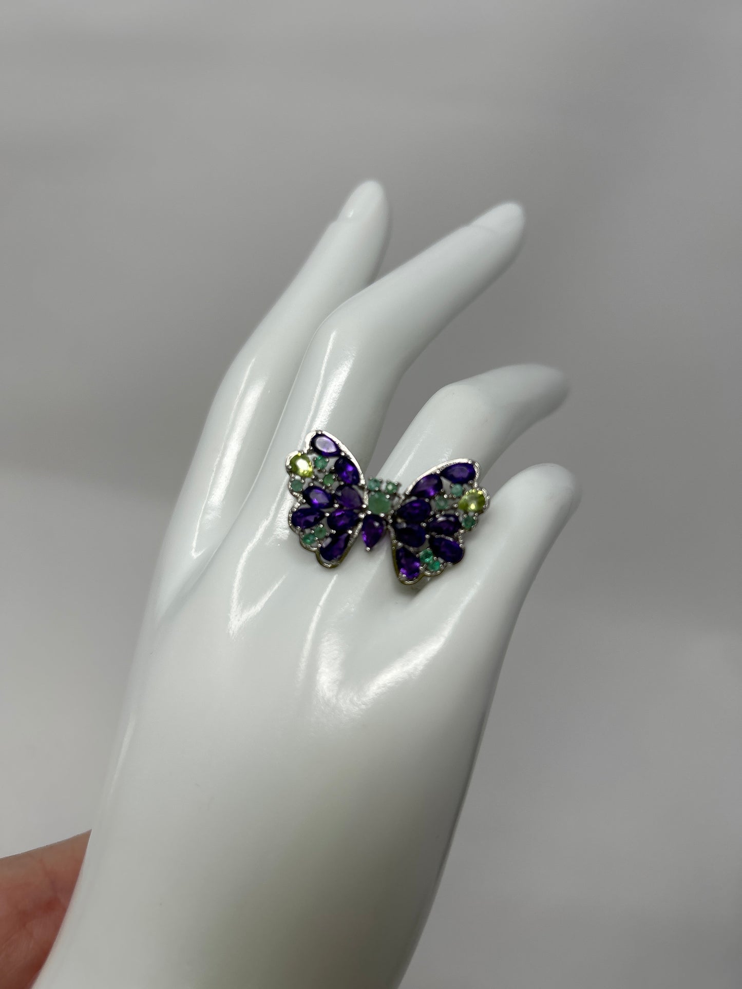 Genuine Amethyst & Emerald Butterfly Ring