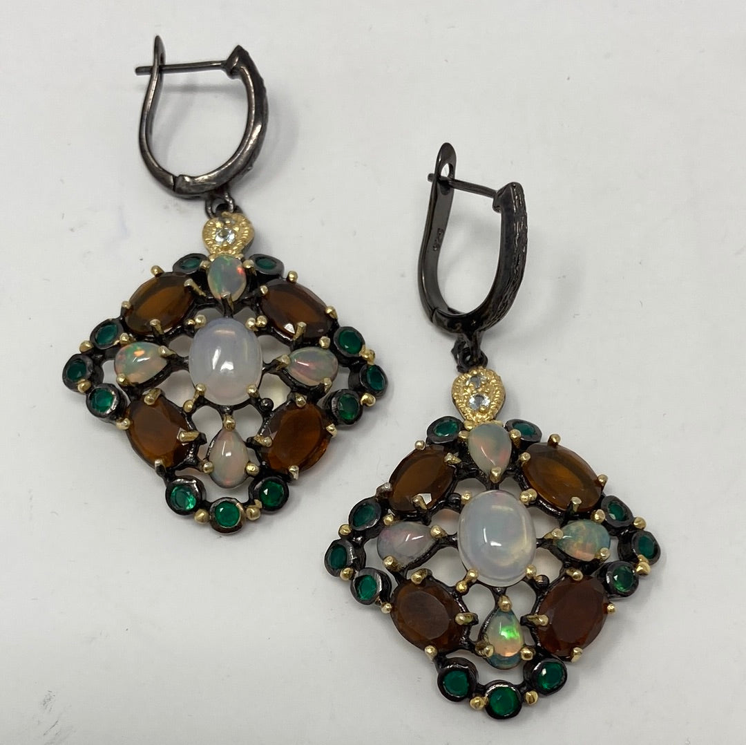 Fascinating Genuine Opal, Topaz & Onyx Earrings
