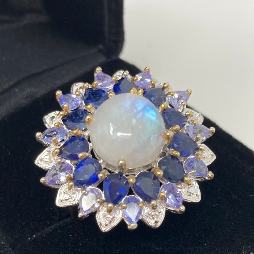 Mysterious Genuine AA+ Quality Moonstone, Sapphire & Tanzanite Ring