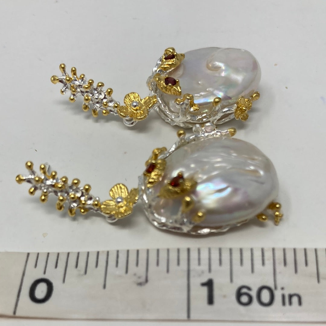 Genuine Baroque Pearl Earrings accented with Garnets