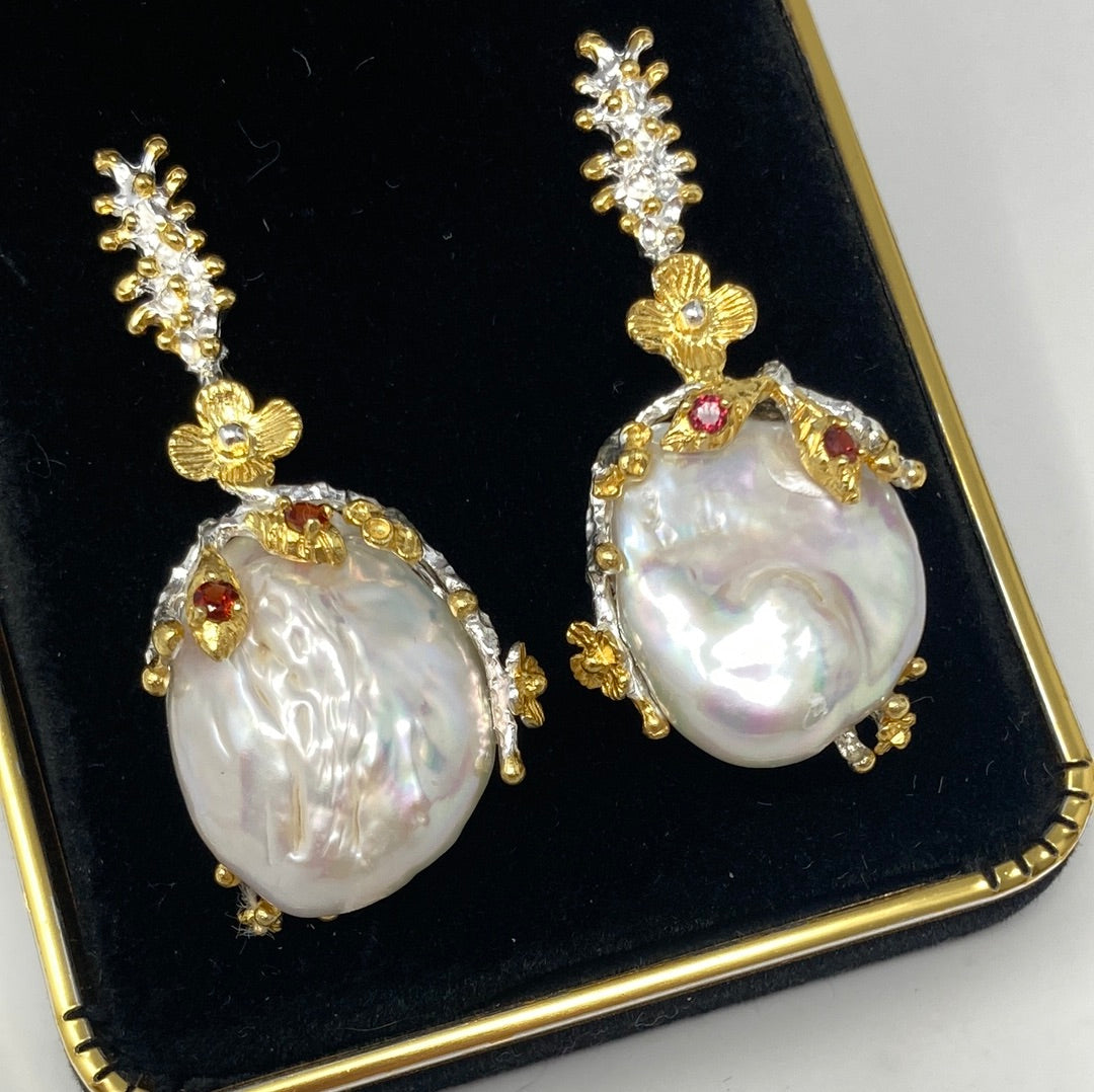 Genuine Baroque Pearl Earrings accented with Garnets