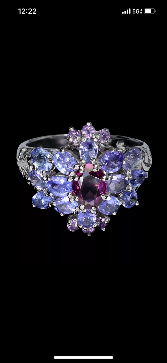 Genuine Garnet & Tanzanite Encrusted Ring