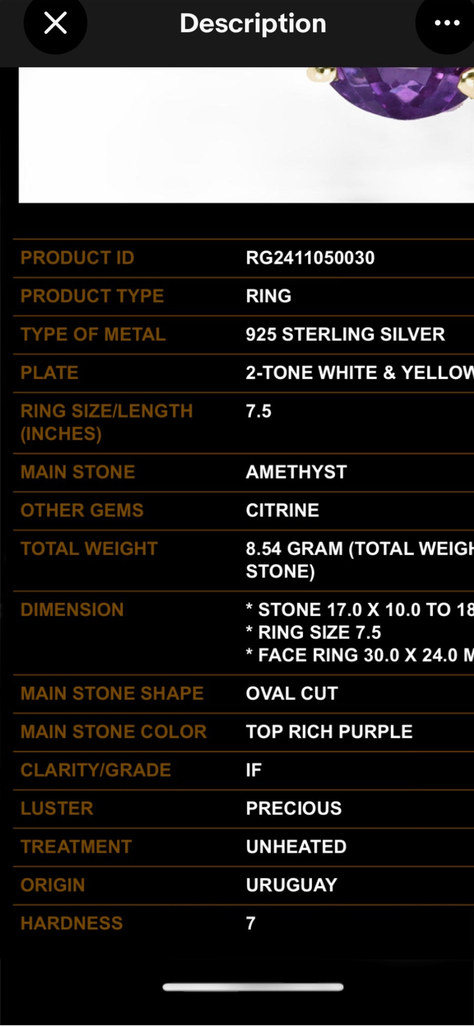 Genuine Amethyst & Citrine  Kiss Ring