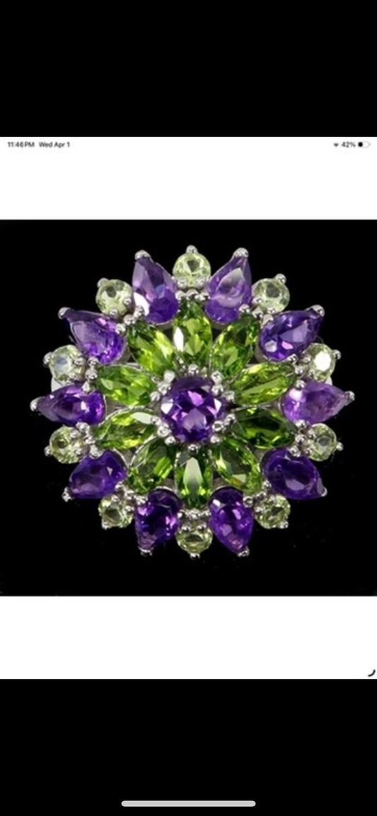 Genuine Amethyst, Russian Chrome Diopside Diopside, Peridot Ring