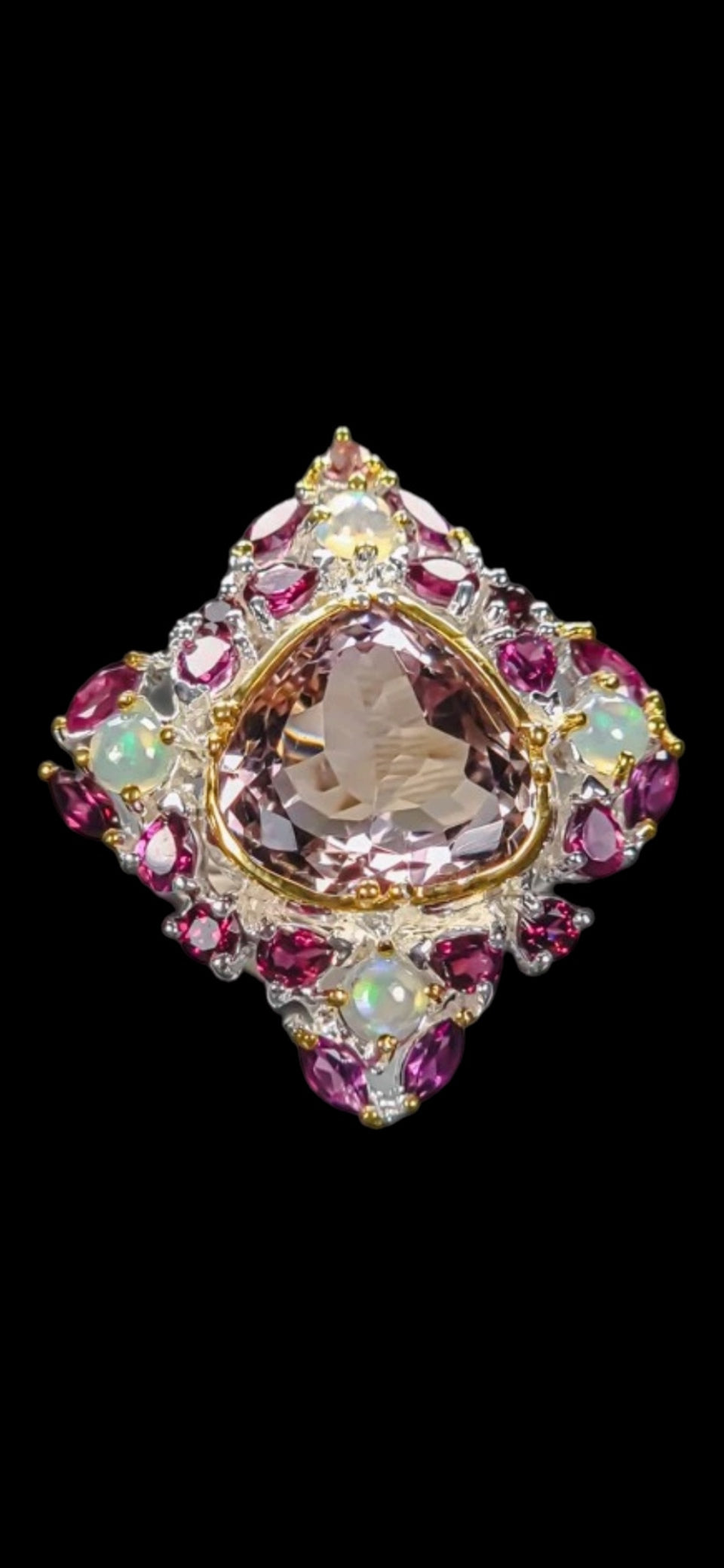 Exquisite Genuine Ametrine with Opals & Rhodolite Garnets Ring
