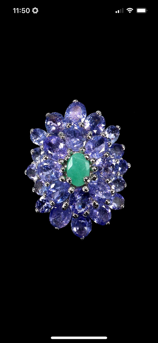 Exquisite Genuine Emerald & Tanzanite Ring