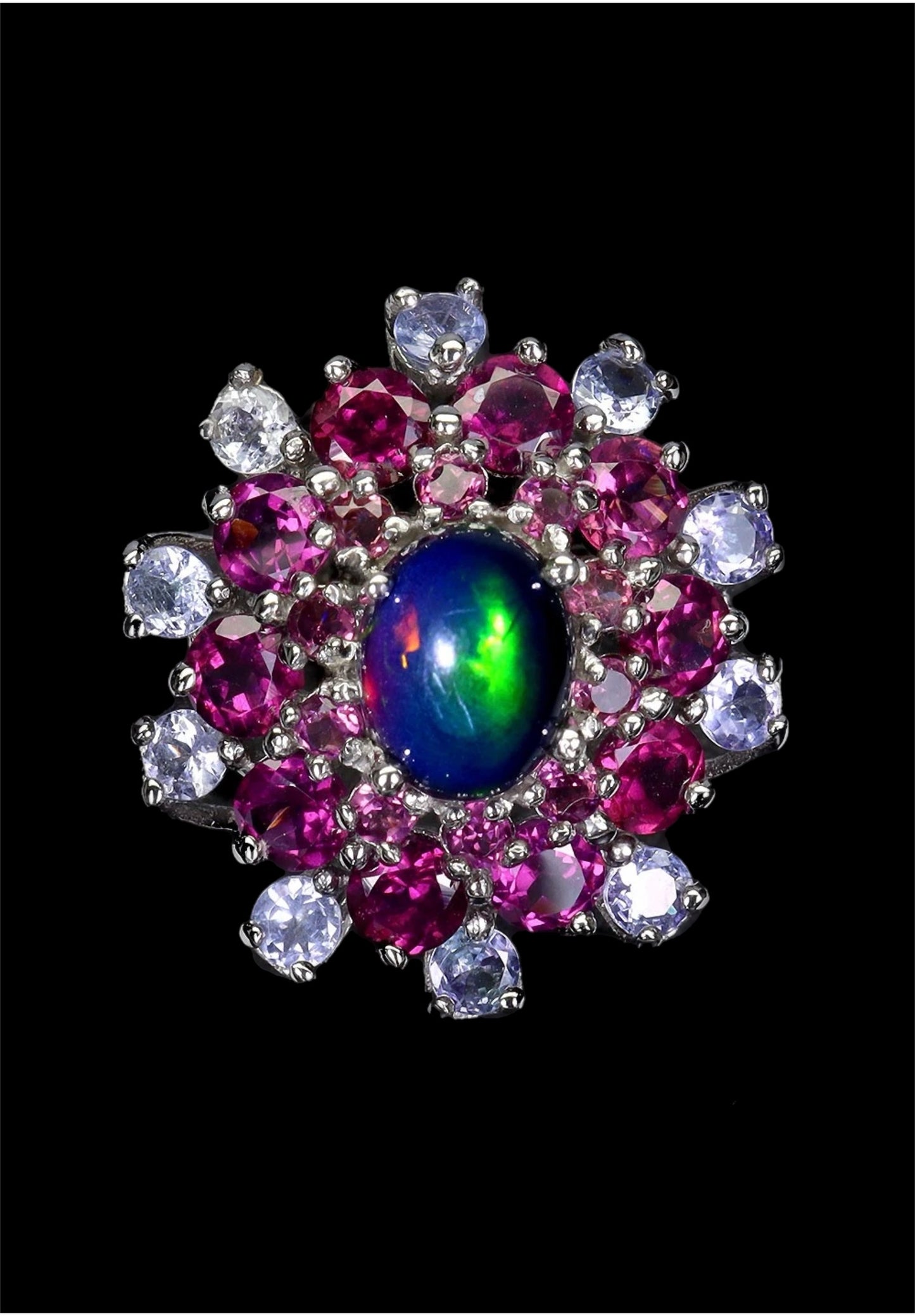 Genuine Black Opal with Tanzanite & Rhodolite Garnets Ring