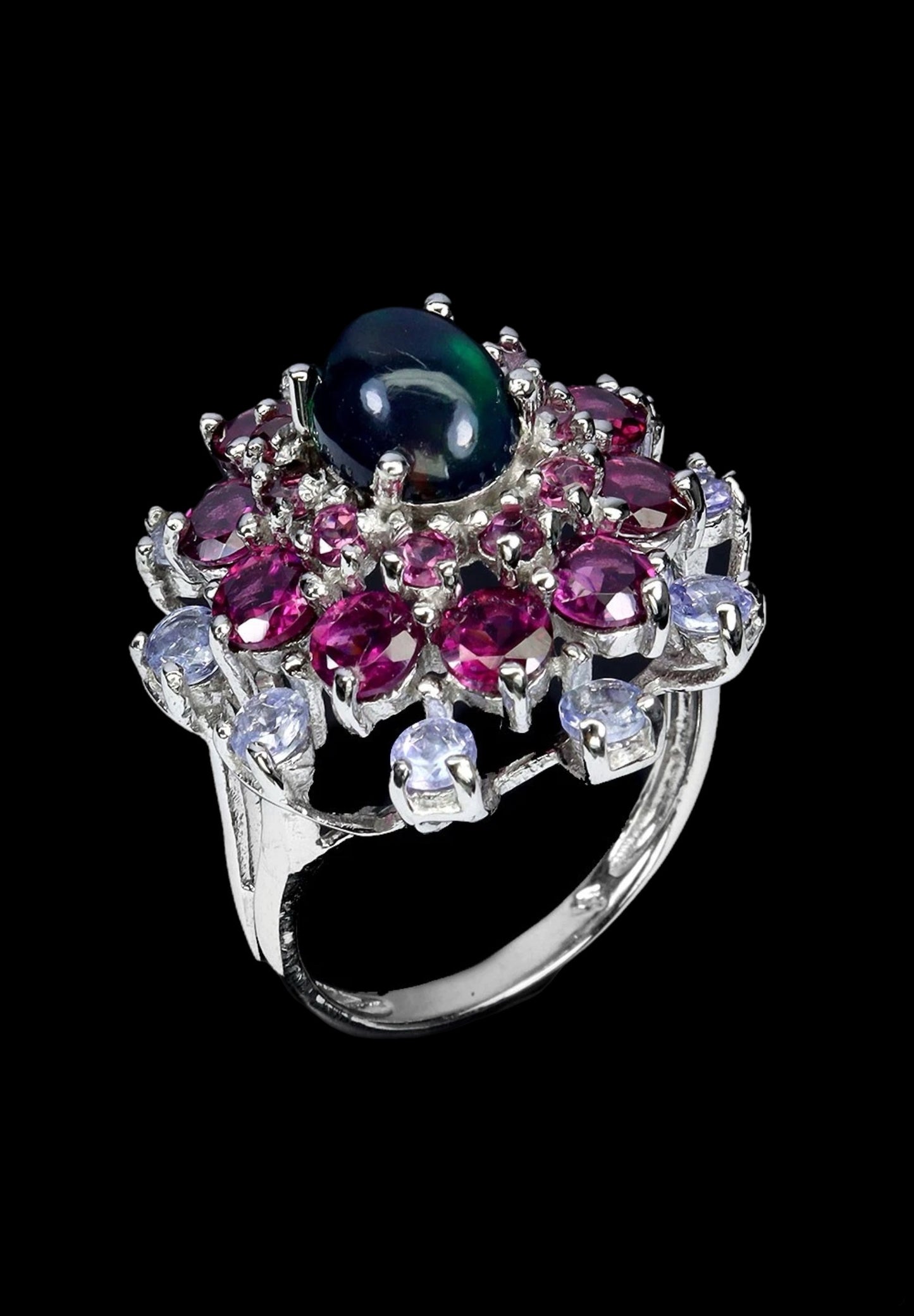 Genuine Black Opal with Tanzanite & Rhodolite Garnets Ring